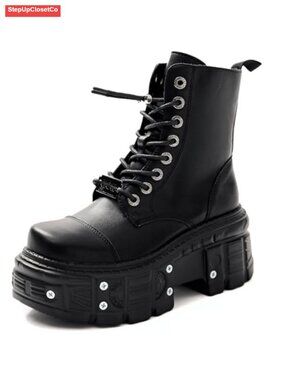 Platform Goth Ankle Boots Studded Buckle Lace Up Chunky Lug Sole Combat